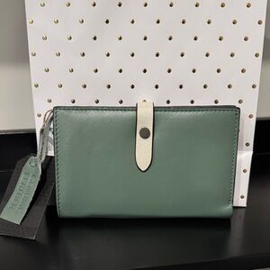 Women's Green Leather Wallet with Cream Snap Strap